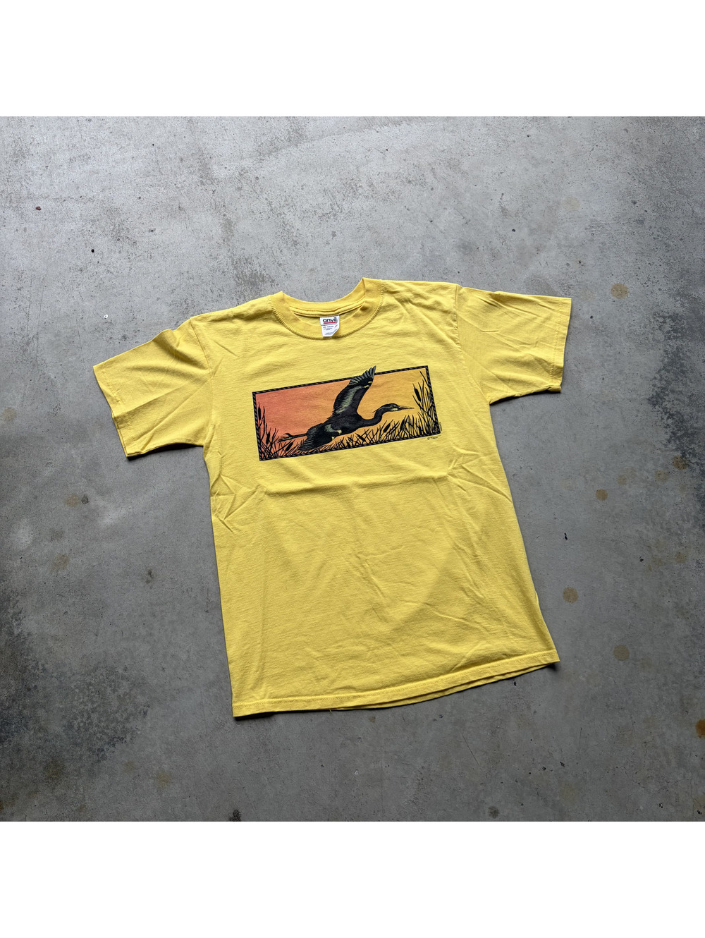 Anvil Yellow Cotton T-Shirt with Flying Duck Graphic, Size M